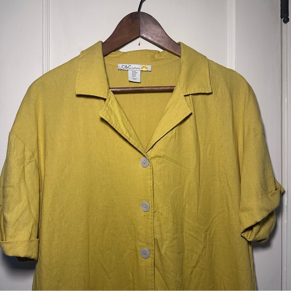Yellow Linen Blend Short Sleeve Shirt With Pockets, Lagenlook, Beach Cover-up - Picture 2 of 11